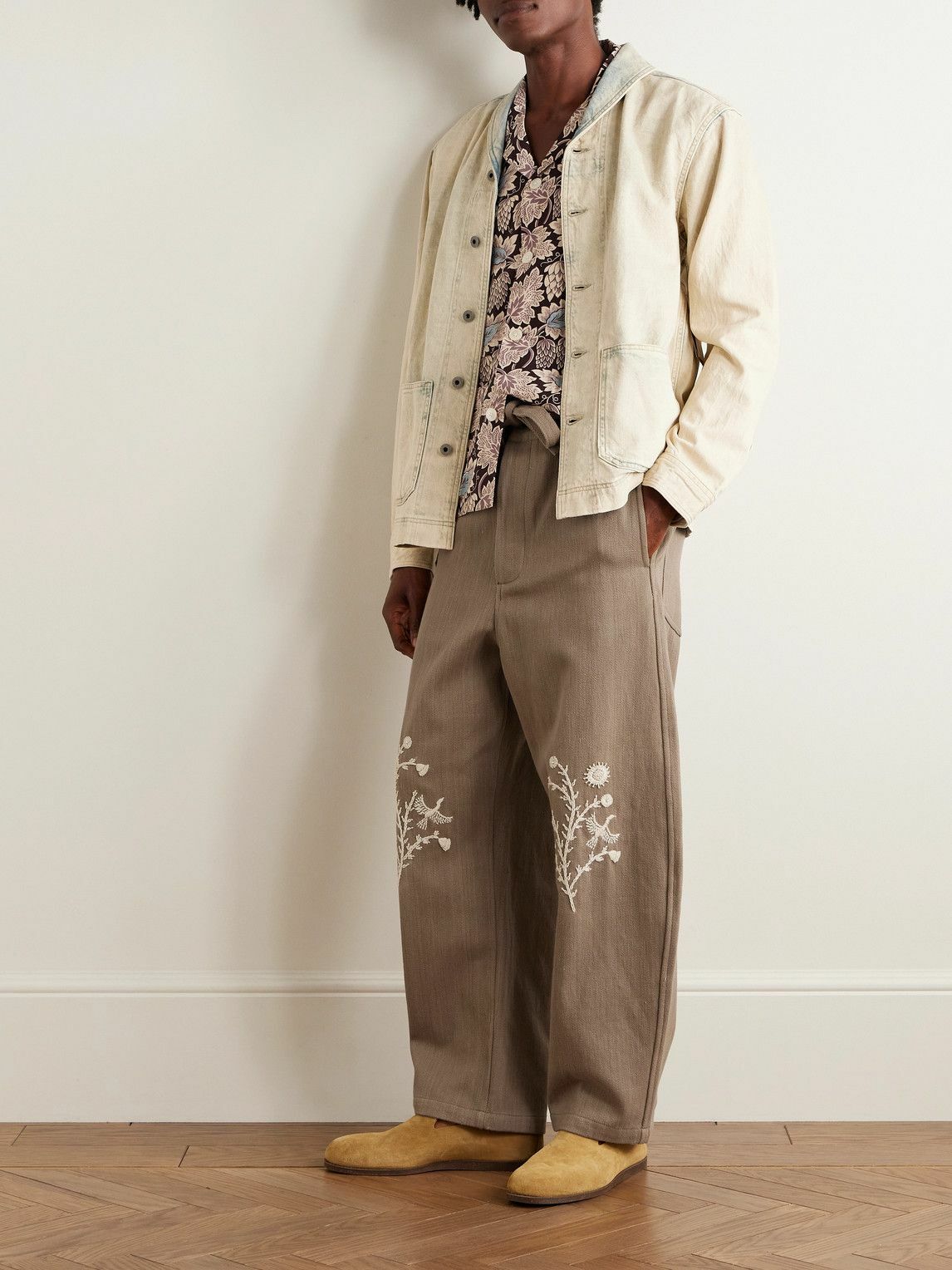 Kartik Research - Fauji Belted Embellished Embroidered Cotton-Twill Wide-Leg Trousers - Brown