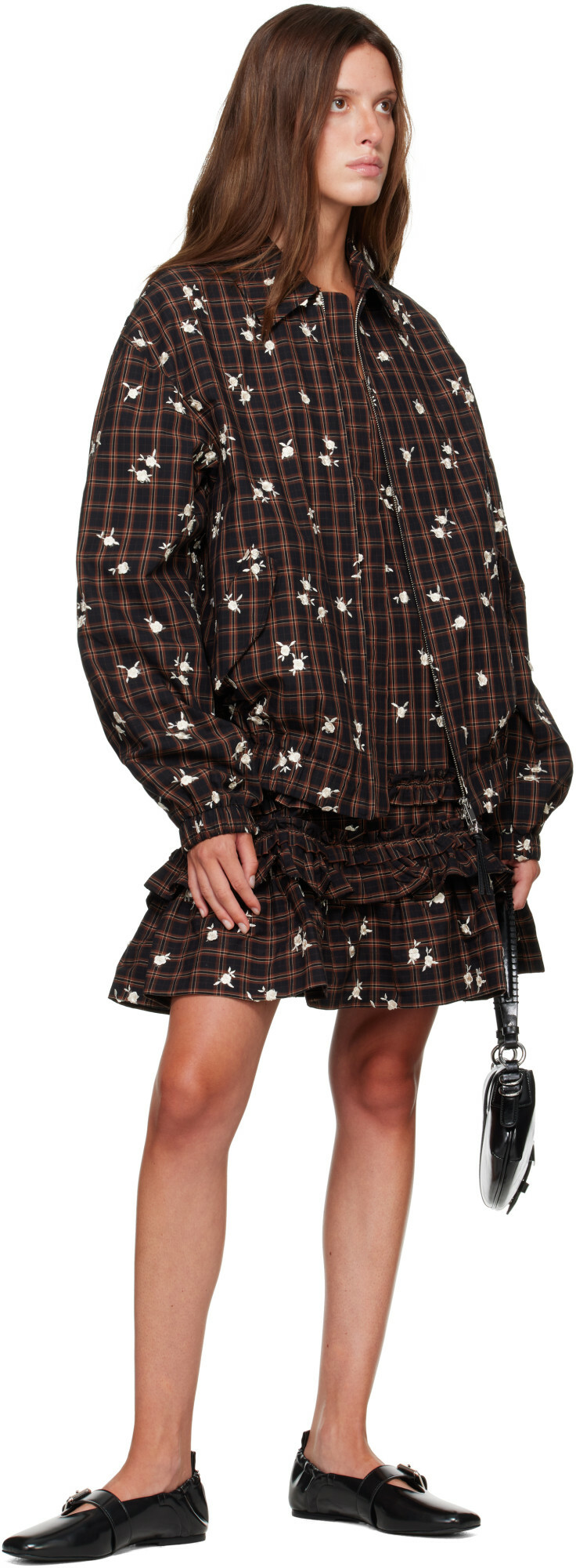 GANNI Brown Printed Check Bomber Jacket