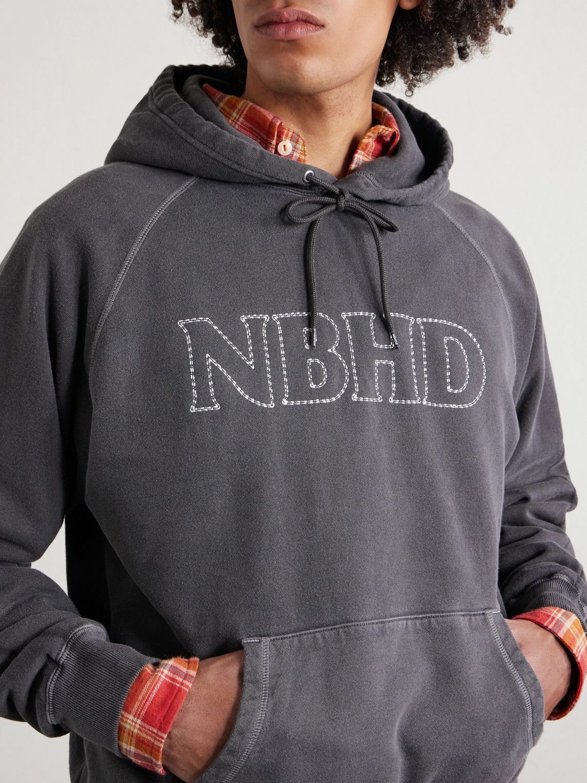 Neighborhood - Logo-Embroidered Pigment-Dyed Cotton-Jersey Hoodie - Black