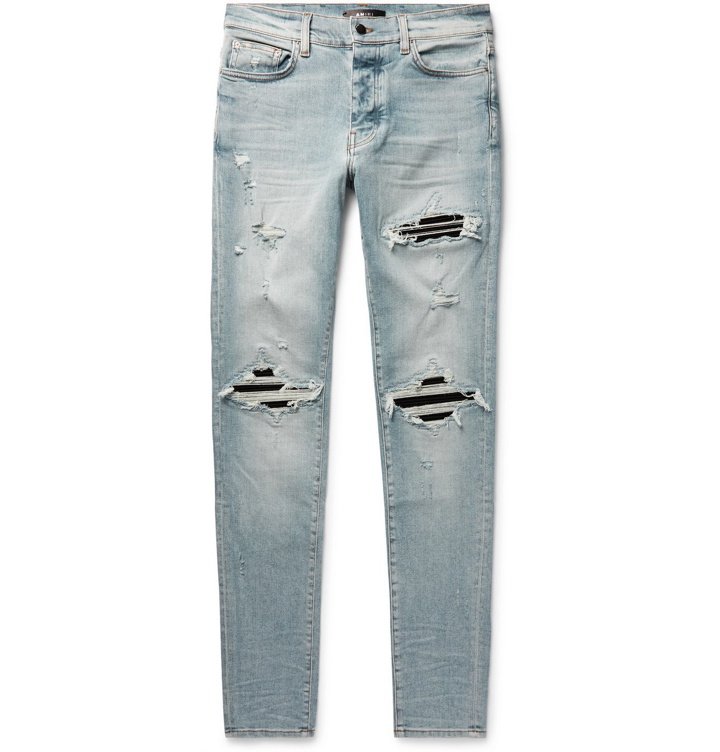 Photo: AMIRI - MX1 Ultra Skinny-Fit Distressed Panelled Stretch-Denim Jeans - Blue