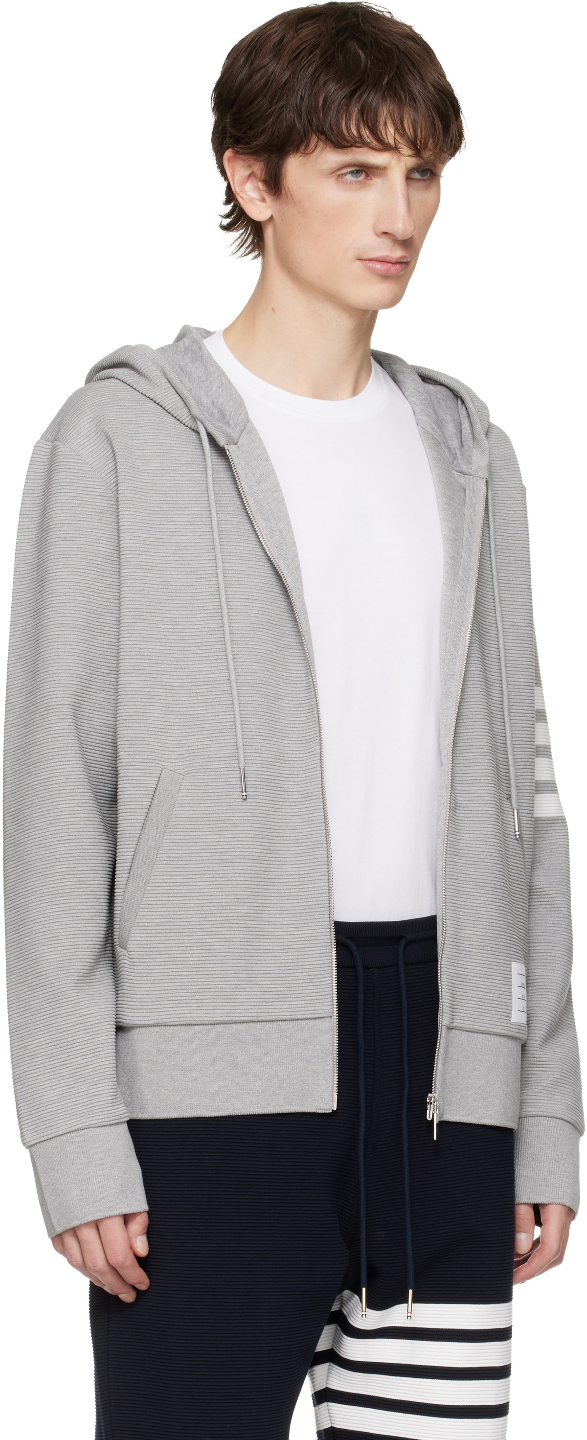 Thom Browne Gray Cotton Ottoman 4-Bar Zip Hoodie