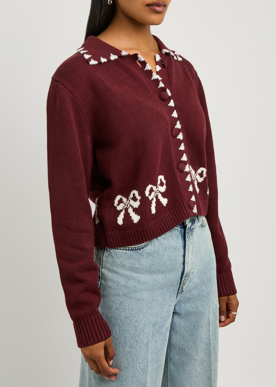 Kitri Polly Bow-intarsia Cotton-blend Cardigan Chocolate