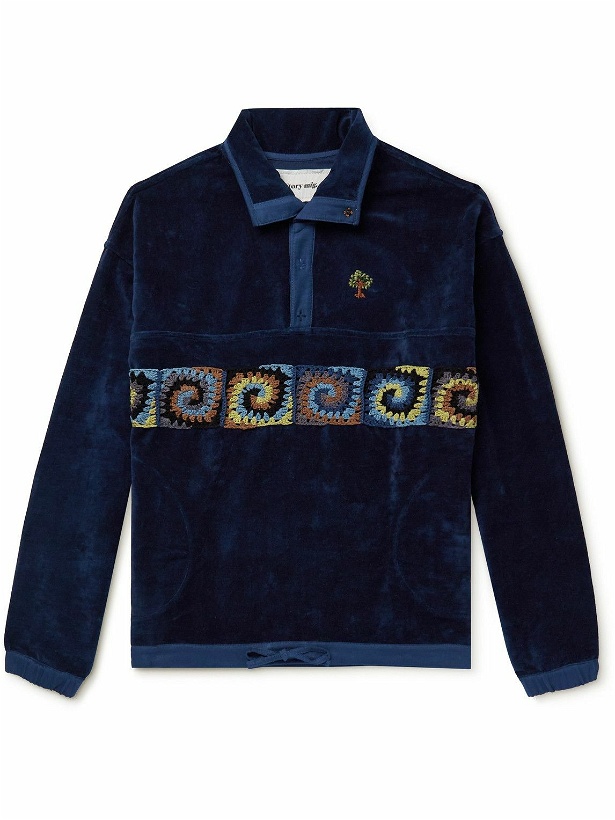 Photo: Story Mfg. - Polite Crochet-Trimmed Embroidered Organic Cotton-Velvet Sweatshirt - Blue