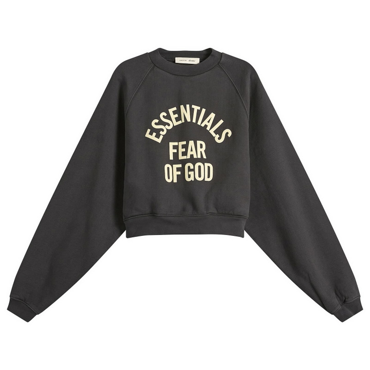 Photo: Fear of God ESSENTIALS Women's Campus 90'S Cropped Raglan Crewneck in Faded Black