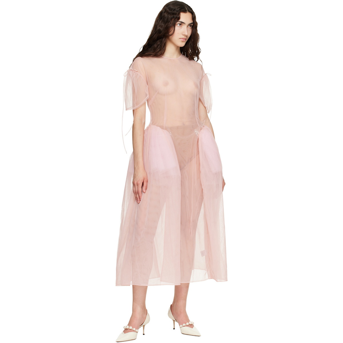 Simone Rocha Pink Puff Sleeve Cord Hip Midi Dress