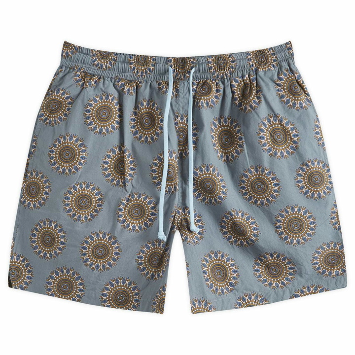 Photo: Universal Works Men's Lobby Print Action Shorts in Smoke Blue