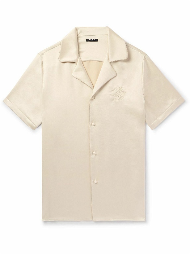 Photo: Balmain - Camp-Collar Logo-Embroidered Satin Shirt - Neutrals