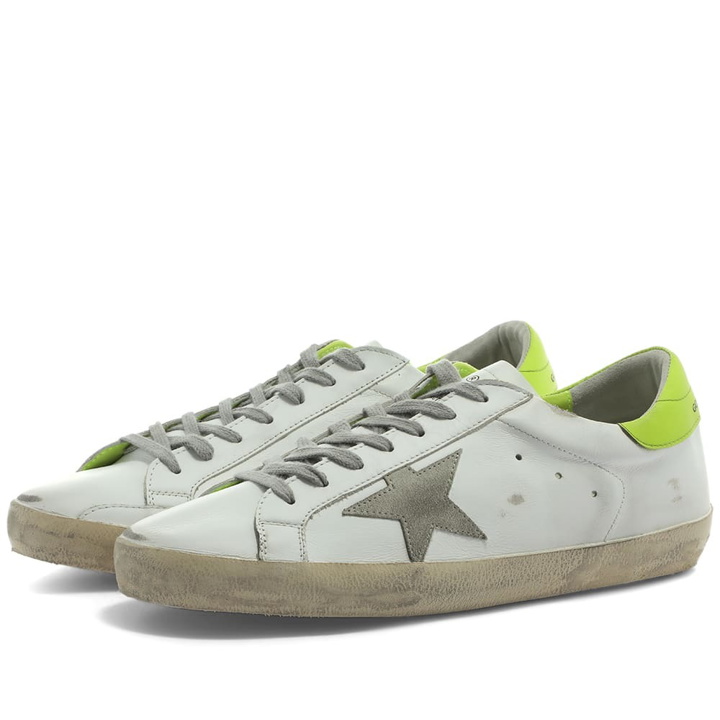 Photo: Golden Goose Men's Super-Star Leather Sneakers in White/Ice/Lime Green