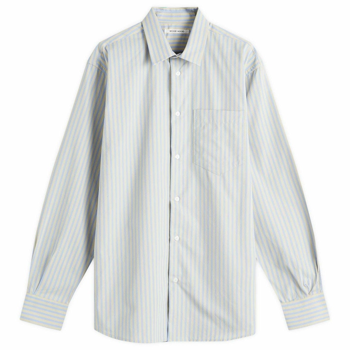 Photo: Wood Wood Men's Nico Poplin Shirt in Frosty Pinstripe