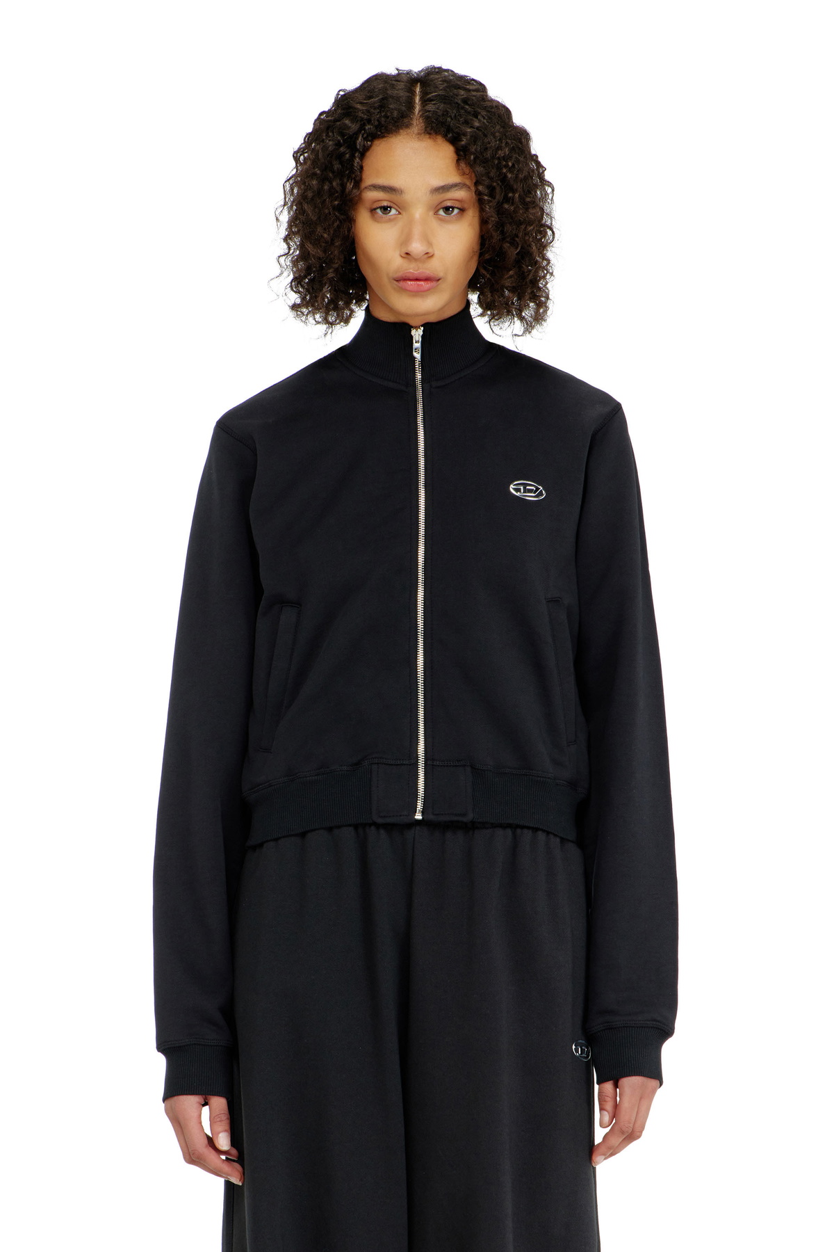 Diesel Zipped sweatshirt with silver Oval D - Sweaters Womens in Black