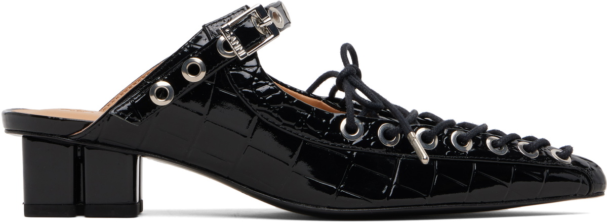 GANNI Black Eyelets Lace-Up Mule Heels
