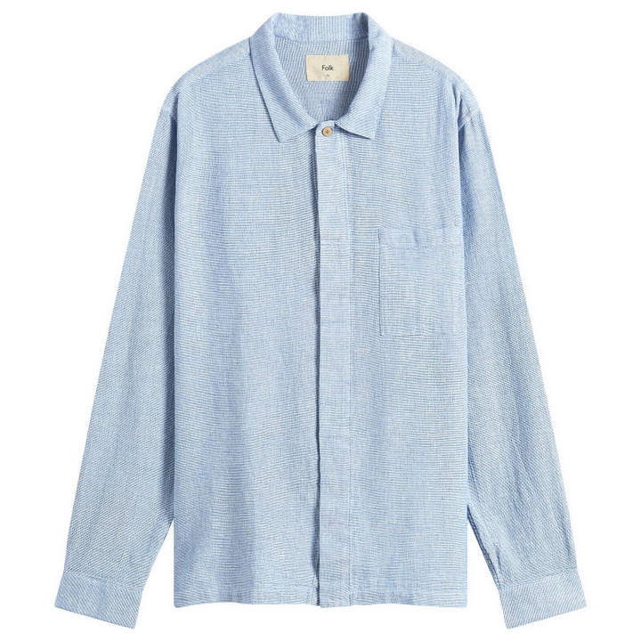 Photo: Folk Men's Patch Shirt in Light Indigo Basketweave