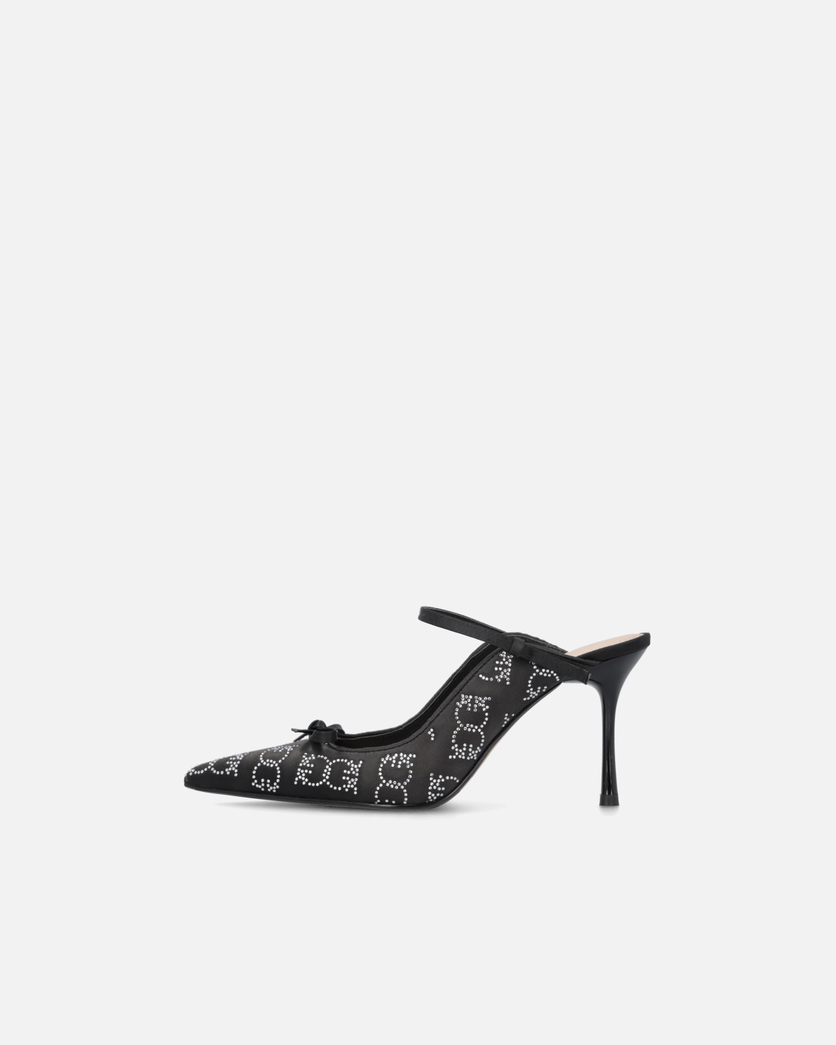 Pinko Rhinestoned Satin Slip Ons With Heel Limo Black