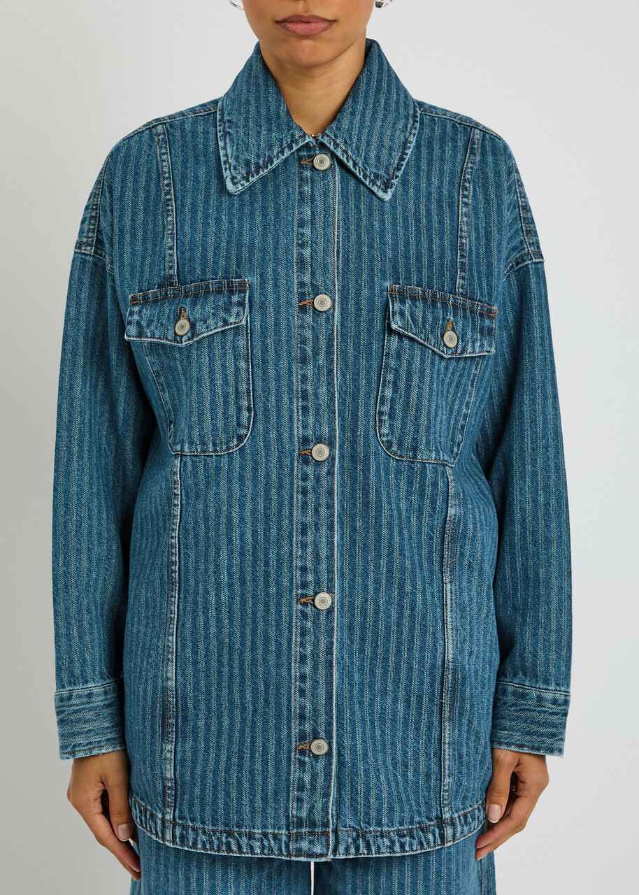 Free People Dunes Striped Denim Jacket Blue