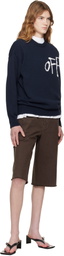 Off-White Navy Bookish Shared Cotton Knit Crewneck Sweater