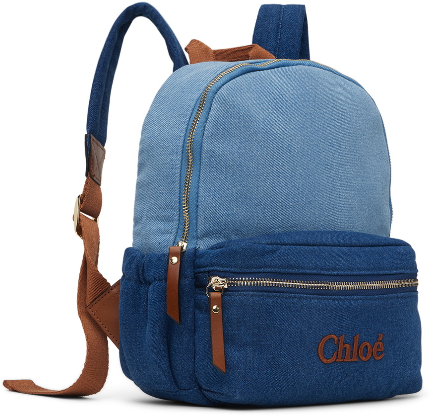 Chloé Kids Blue Embroidered Denim Backpack
