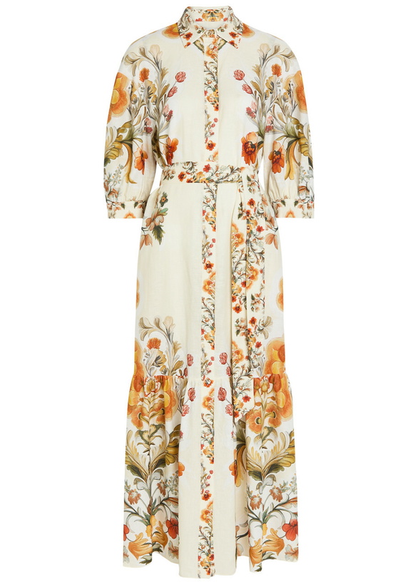 Photo: Borgo DE Nor Bianca Floral-print Belted Linen-blend Maxi Shirt Dress Cream