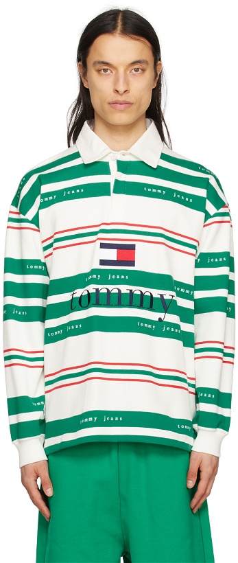 Photo: Tommy Jeans Green & White Striped Rugby Long Sleeve Polo