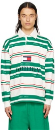 Tommy Jeans Green & White Striped Rugby Long Sleeve Polo