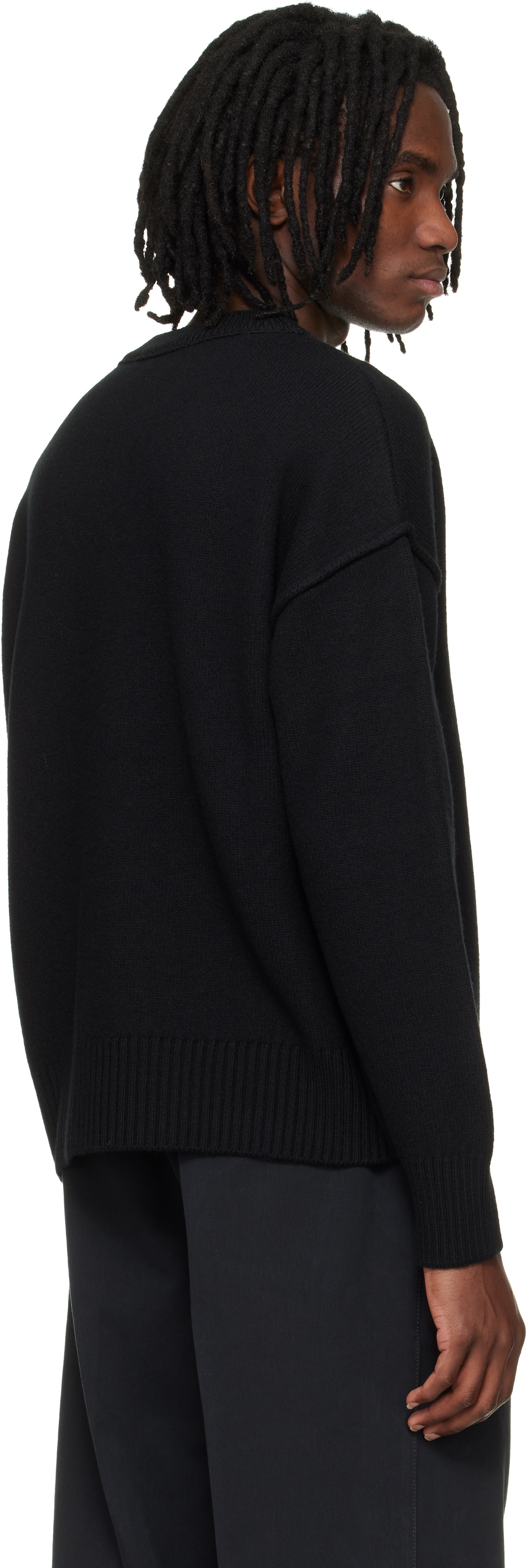 AMI Paris Black Wool Contrasted Ami de Coeur Crewneck Sweater