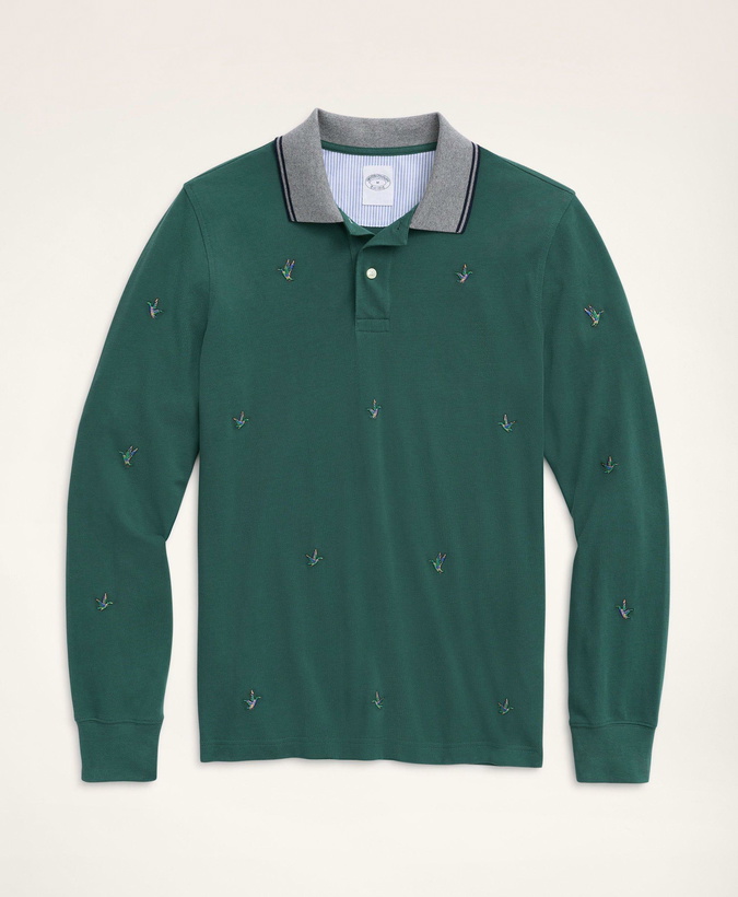 Photo: Brooks Brothers Men's Golden Fleece Duck Embroidered Supima Long-Sleeve Polo Shirt | Green