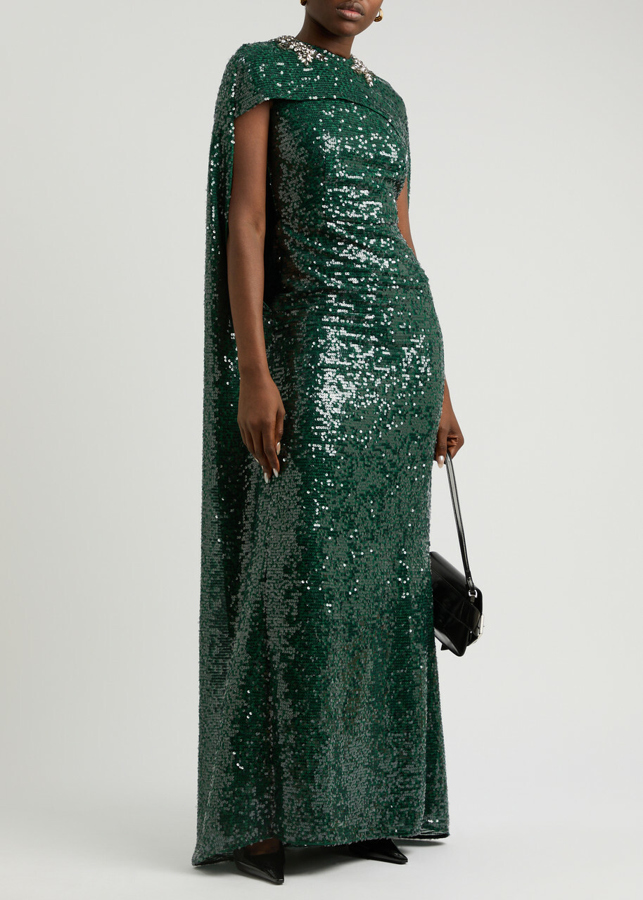 Erdem Sequin-embellished Cape-effect Chiffon Gown Green Dark Erdem