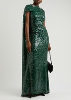 Erdem Sequin-embellished Cape-effect Chiffon Gown Green Dark