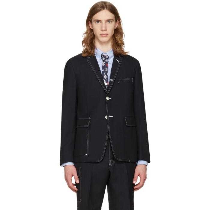 Photo: Thom Browne Navy Constructed Square Pocket Blazer
