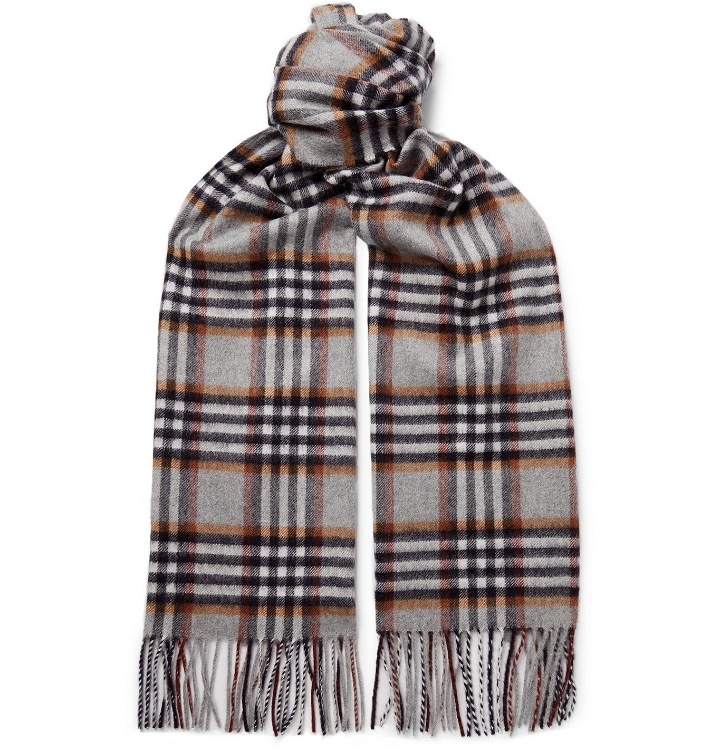Photo: Johnstons of Elgin - Fringed Prince of Wales Checked Cashmere Scarf - Gray