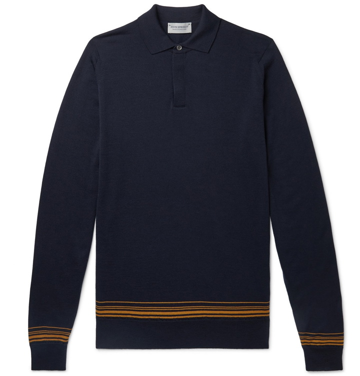 Photo: John Smedley - Prospect Striped Merino Wool Polo Shirt - Blue