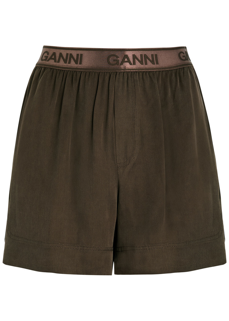 Ganni Logo Satin Shorts Brown GANNI