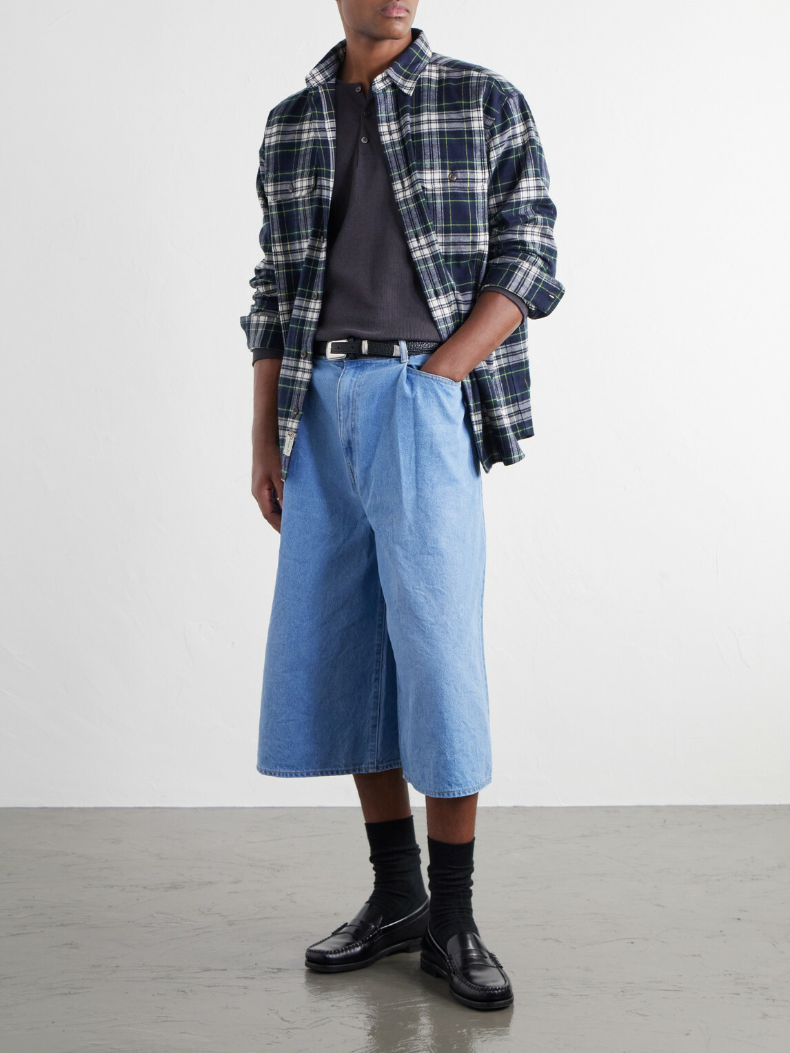 KAPITAL - Wide-Leg Pleated Denim Shorts - Blue