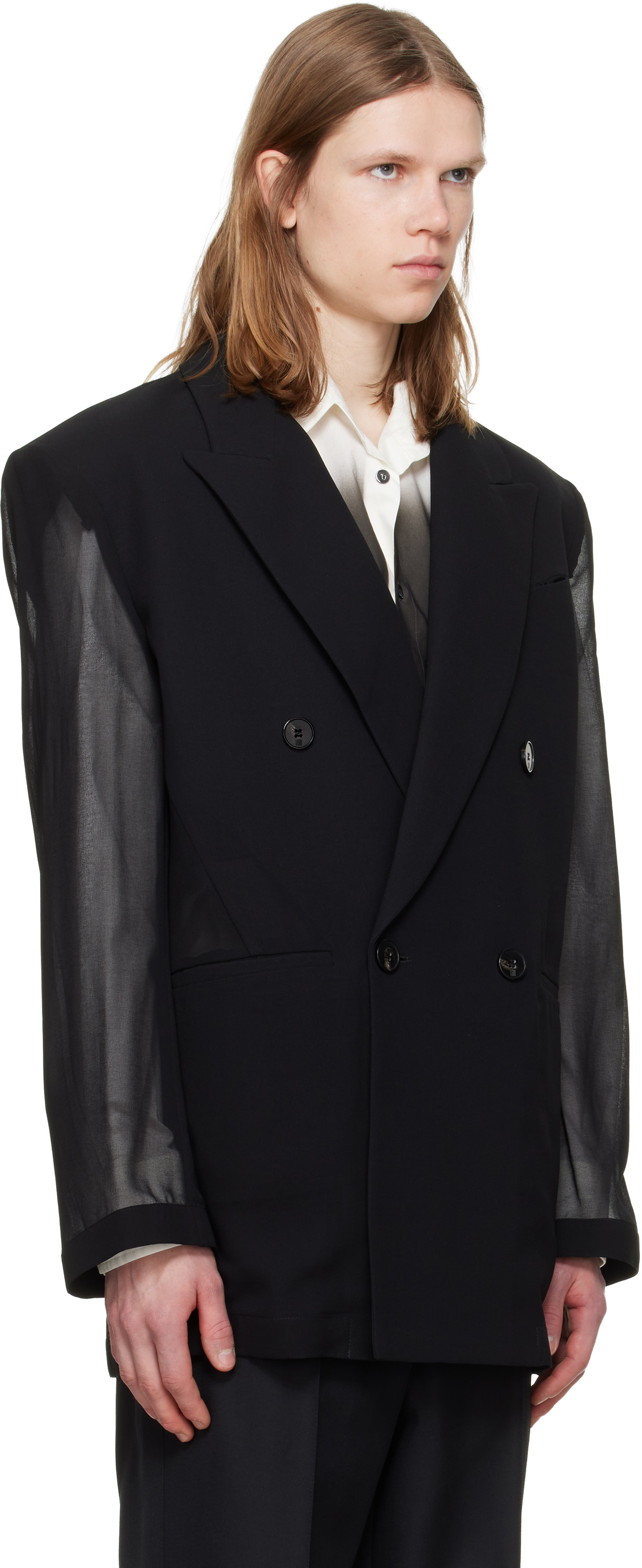 LGN Louis Gabriel Nouchi Black 4-Button Double-Breasted Sheer Blazer