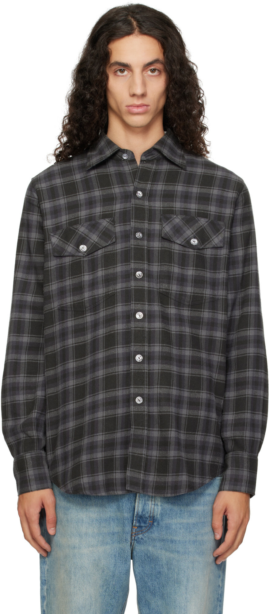 Drake's Gray Check Cotton-Silk Work Shirt