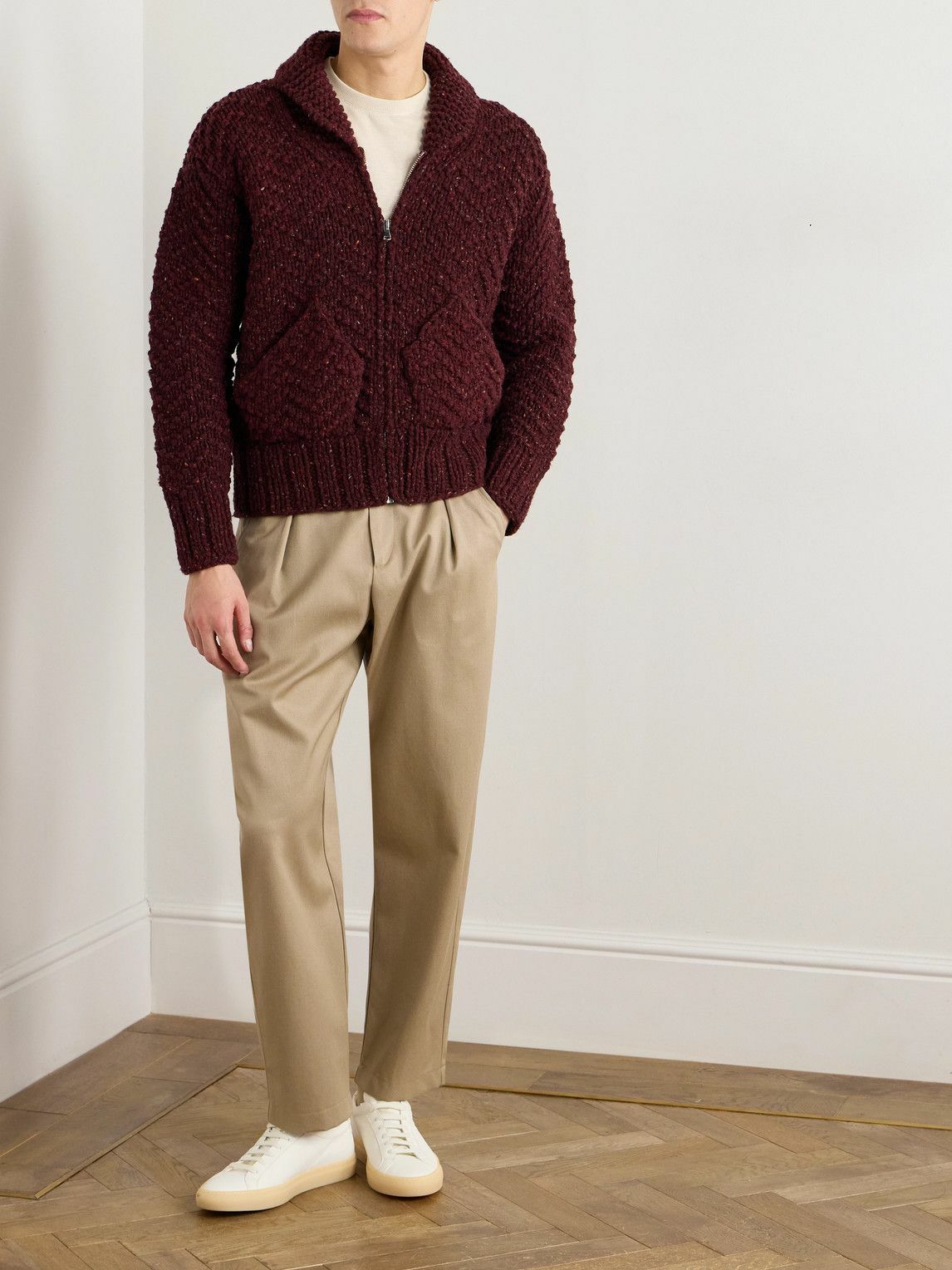 MILES LEON - Shawl-Collar Merino Wool Zip-Up Cardigan - Burgundy