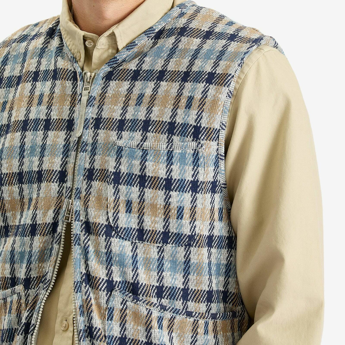 Universal Works Men's Summer Check Zip Gilet in Brown/Blue