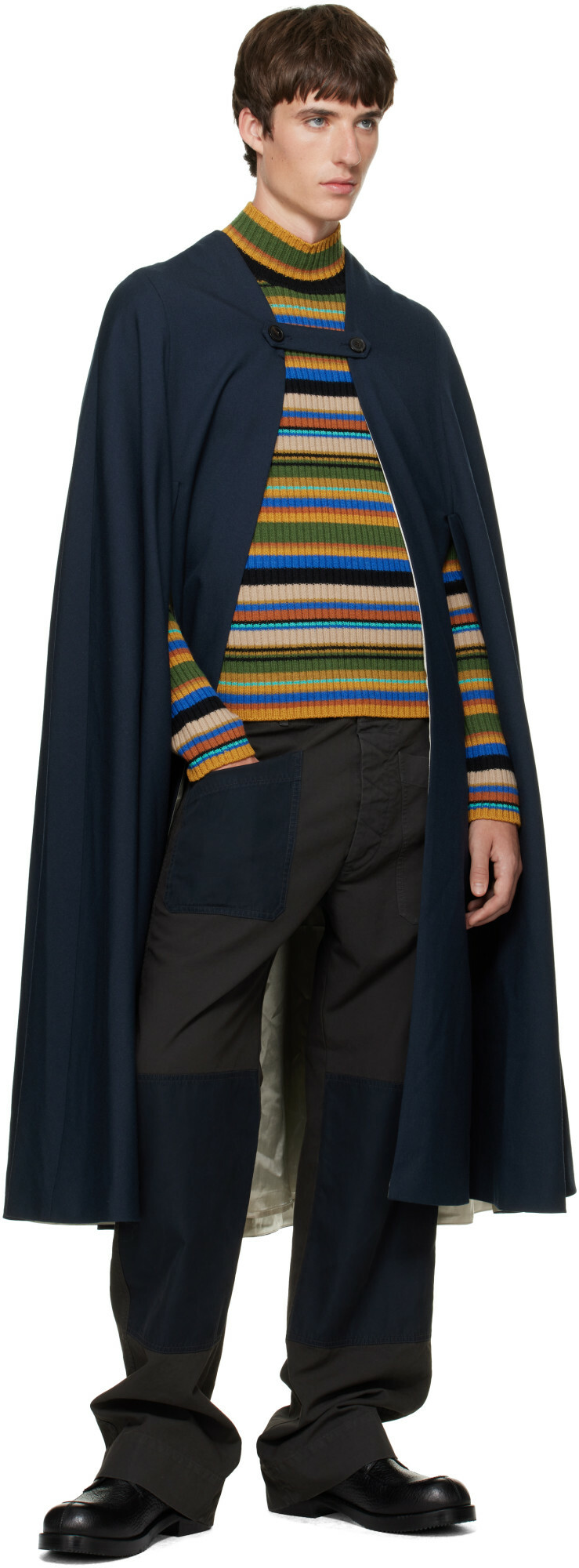 Dries Van Noten Navy Wool Cape Coat