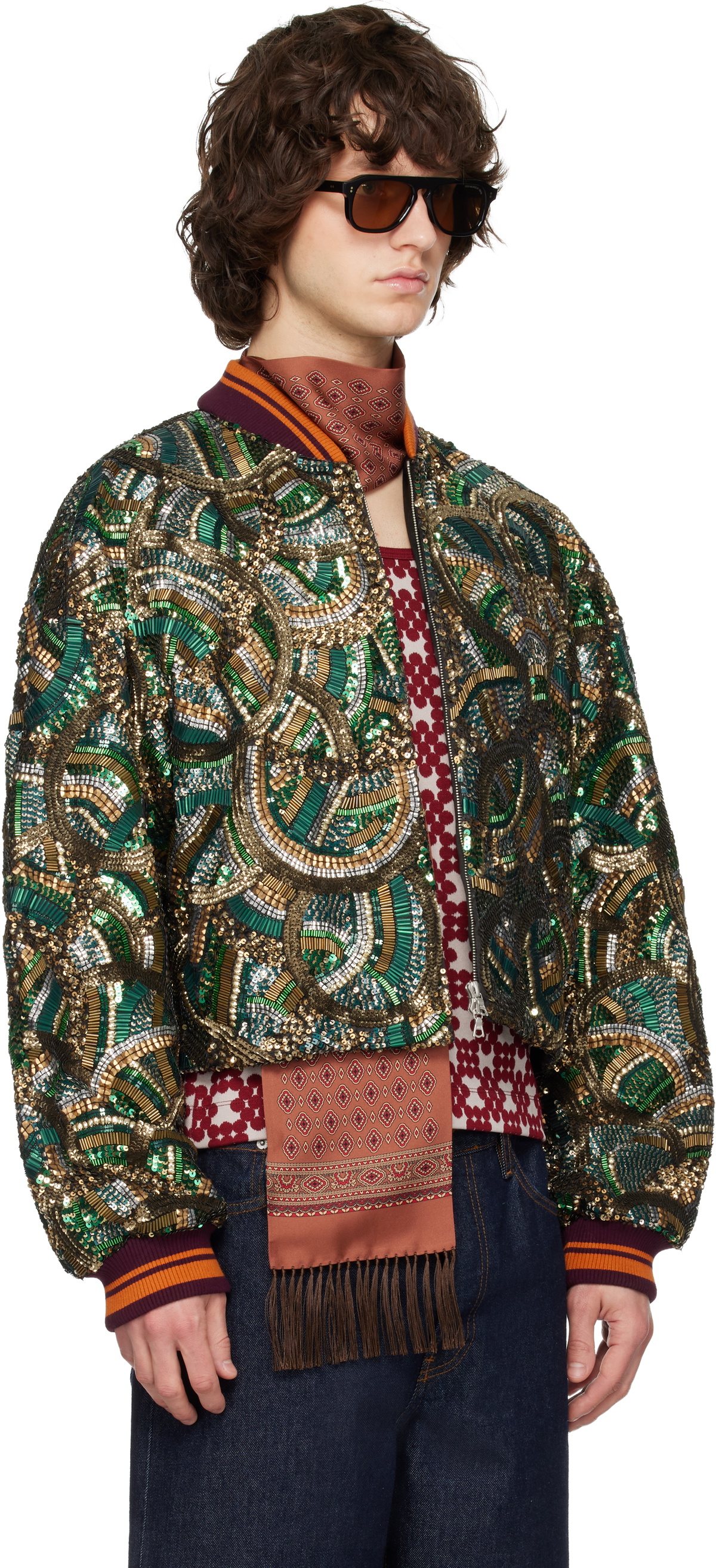 Dries Van Noten Green Embroidered Bomber Jacket