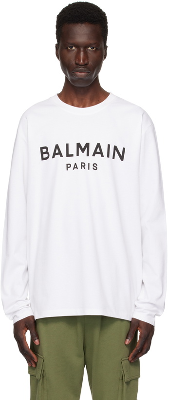 Photo: Balmain White Printed Logo Long Sleeve T-Shirt