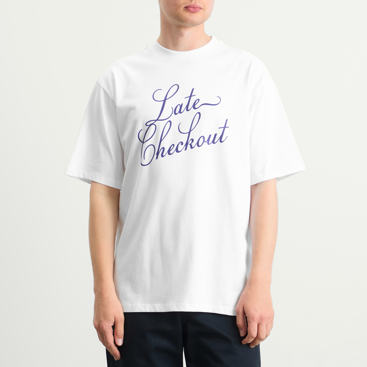 Late Checkout Men's Blue Script T-Shirt in White