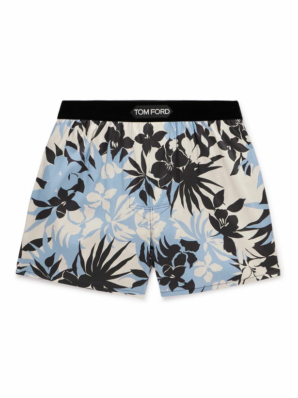 Photo: TOM FORD - Velvet-Trimmed Floral-Print Silk-Satin Boxer Shorts - Blue