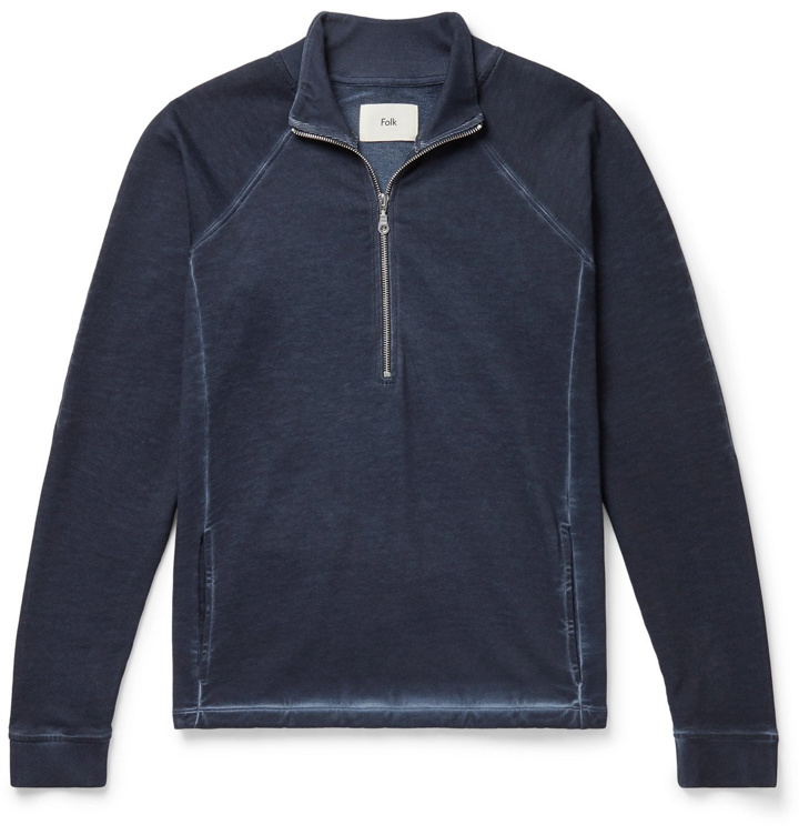 Photo: Folk - Garment-Dyed Loopback Cotton-Jersey Half-Zip Sweatshirt - Blue