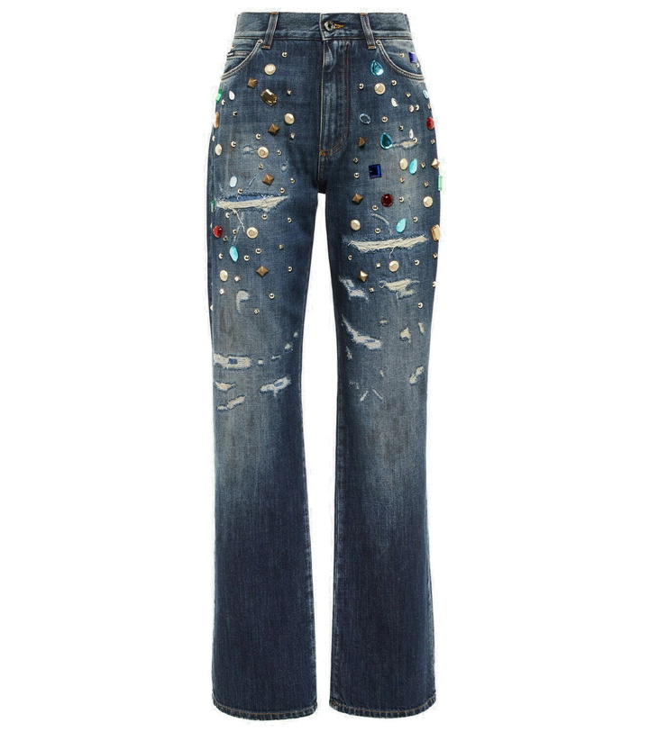 Photo: Dolce&Gabbana - Crystal-embellished high-rise wide-leg jeans