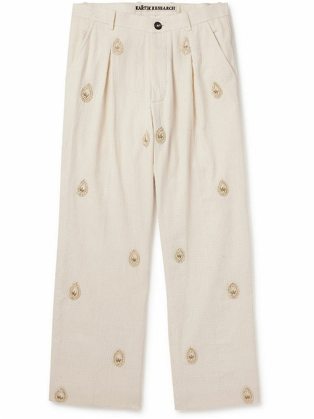 Photo: Kartik Research - Straight-Leg Embellished Pleated Cotton Trousers - Neutrals