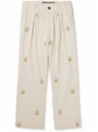 Kartik Research - Straight-Leg Embellished Pleated Cotton Trousers - Neutrals