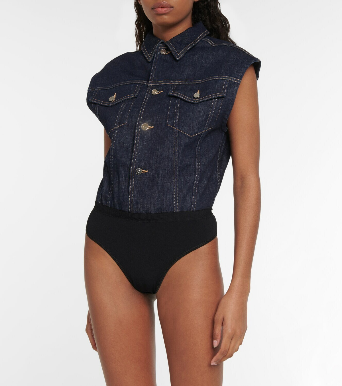 Alaïa Denim Shirt Bodysuit in Blue