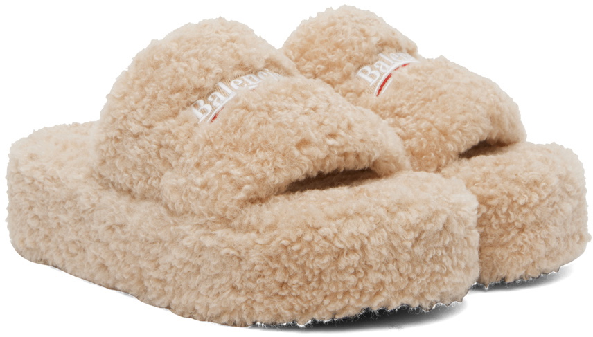 Balenciaga Beige Furry Platform Slides Balenciaga
