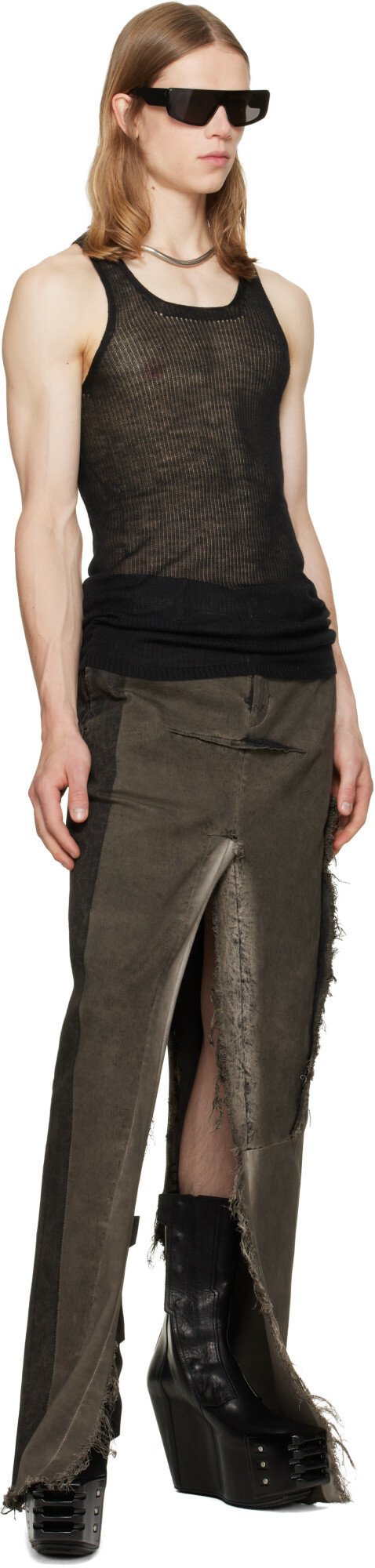 Rick Owens Gray Tower Sliced Denim Maxi Skirt