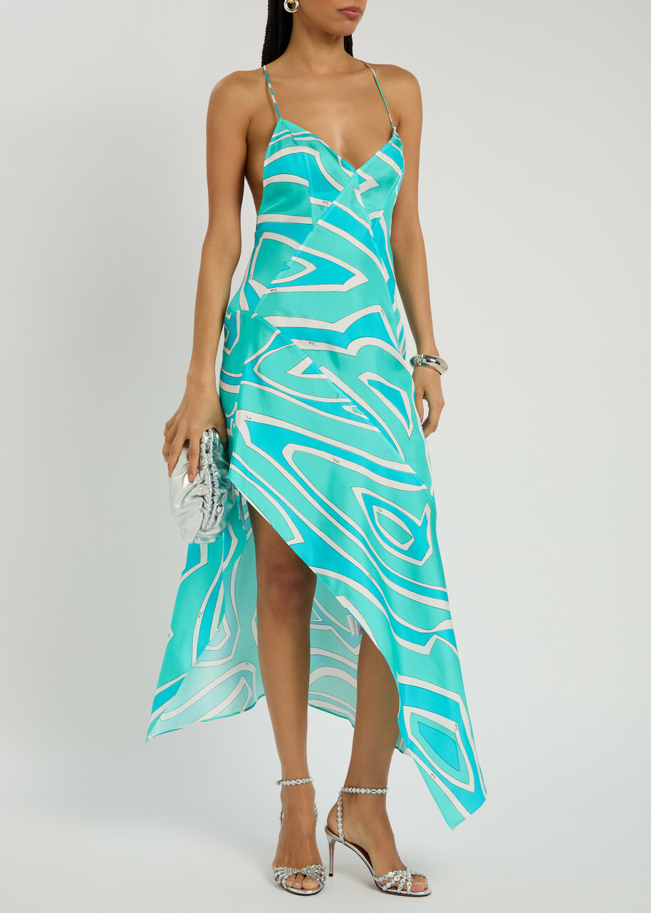 Pucci Abito Printed Silk-twill Midi Dress Turquoise