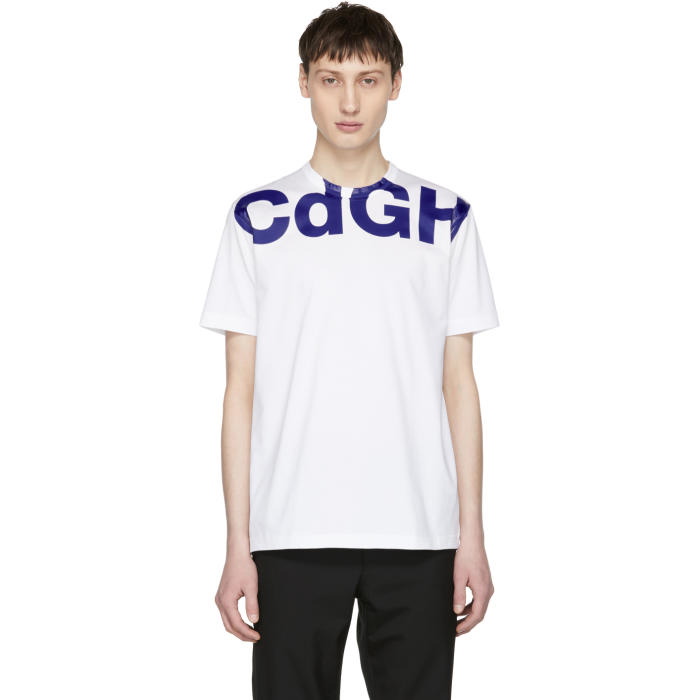 Photo: Comme des Garçons Homme White and Blue CDGH Logo T-Shirt